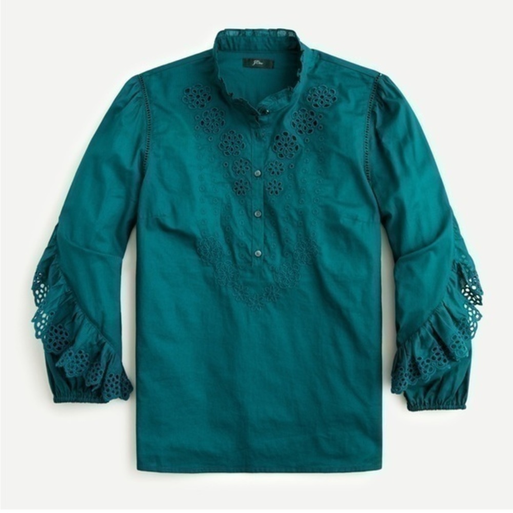 Green J crew embroidered eyelet ruffle sleeve mock neck blouse sz s